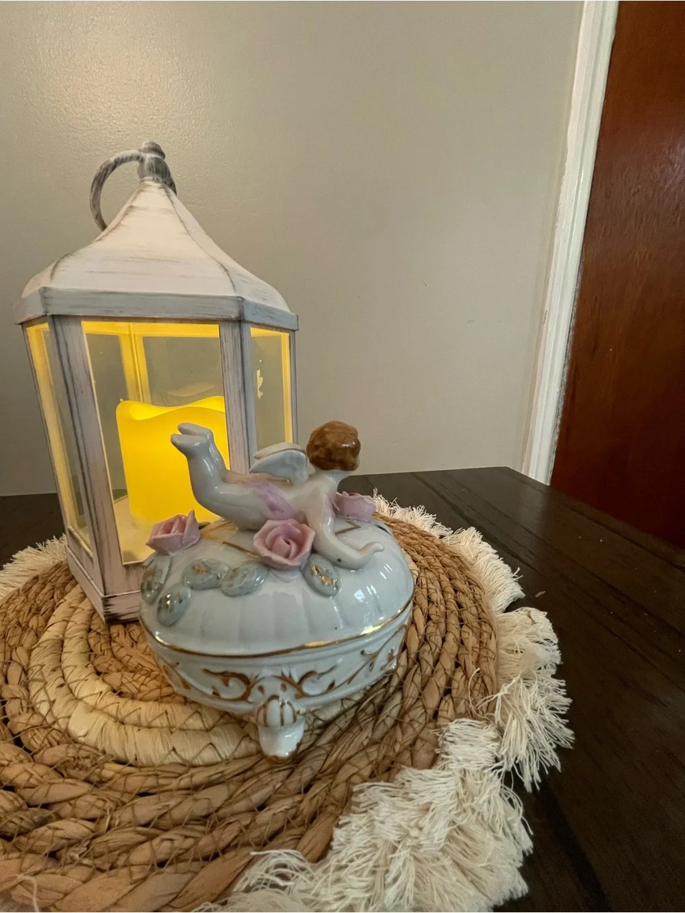Porcelain Cherub Trinket Box with White and Pink Accents